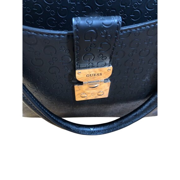 Guess Black Handbag Embossed Logo Faux Leather Purse Gold-Tone Hardware Handles - Picture 7 of 15